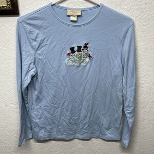 M & C Sportswear Women's L Embellished Blue Christmas Snowman Long Sleeve, Stain